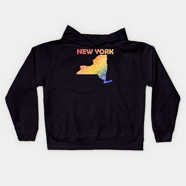 Colorful mandala art map of New York with text in blue, yellow, and red Kids Hoodie by Happy Citizen